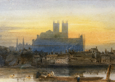 David Cox, "Westminster from Lambeth†(detail), circa 1813, watercolor with scratching out on wove paper, Yale Center for British Art, Paul Mellon Collection. 