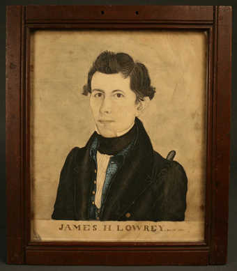 Watercolor on paper of James H. Lowrey of Tenn., dated May 28, 1836, unsigned, original frame, realized $8,325.