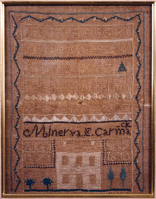 East Tennessee house and alphabet sampler by Minerva E. Carmack, 1845. Carmack was born February 15, 1828, in Hawkins County and died February 16, 1906. The sampler sold for $6,300.