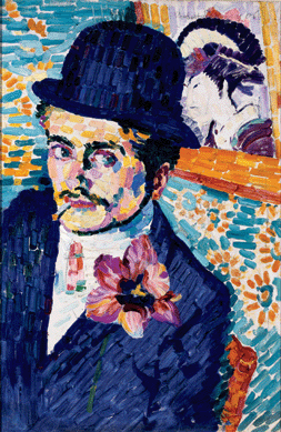 In one of the most memorable portraits in the exhibition, French artist Robert Delaunay depicted his colleague, "Jean Metzinger or The Man with the Tulip,†1906, in brilliant hues as a dandified member of the Paris art world. Private collection.