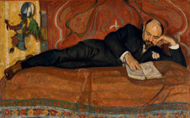 The powerful and discerning art dealer Ambroise Vollard, who promoted numerous avant-garde artists, was a central tastemaker in the Parisian art world. He was the subject of several portraits, including this rare image reading as he reclined on a brightly colored, Matisse-like couch by French painter Jean Puy. Private collection.