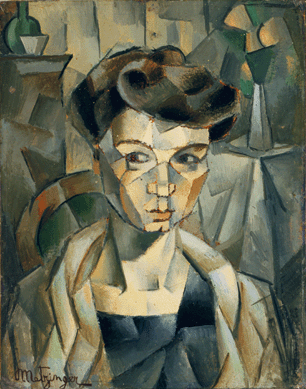Inspired by the work of Paul Cezanne, Jean Metzinger painted this affectionate "Portrait of Madame Metzinger,†1911, with a muted palette that helped emphasize her prominent pompadour and wary look. Philadelphia Museum of Art.