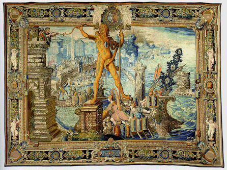 Fauburg Saint-Marcel factory, "Le Colosse de Rhodes ou L'attaque surprise (The Colossus of Rhodes or The Surprise Attack),†after 1607, wool, silk, silver and gold, 16 feet 2½ inches by 5 feet 5 inches. Mobilier National & Manufactures des Gobelins, Paris