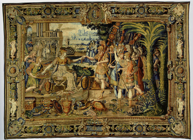Fauburg Saint-Marcel factory, "La Reine distribue le butin (The Queen distributes the spoils),†after 1607, wool, silk and gold, 16 feet 3 inches by 5 feet 4 inches. Mobilier National & Manufactures des Gobelins, Paris.