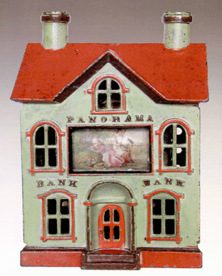 Panorama Bank, J.&E. Stevens, Cromwell, Conn., circa 1876, was one of the popular banks in the sale and competition came from both the phones and those in the room. It opened at $23,000, and was knocked down at $36,425, in the middle of the presale estimate. This bank is of cast iron, wood and lithographed paper, near mint-plus and bright, and is possibly the finest known example in green. 