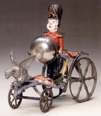 Drummer Boy Bell Toy, made by Gong Bell manufacturing, East Hampton, Conn., circa 1895, cast iron and in near pristine condition, sold for $16,450, within the presale estimate.