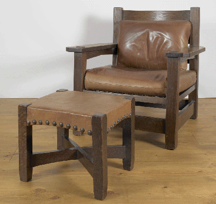 Gustav Stickley's classic "Eastwood†chair with "Seat #725,†a footstool with cross-stretcher base, circa 1901.