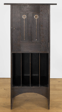 The music cabinet designed by Harvey Ellis features copper and pewter inlay, circa 1903.