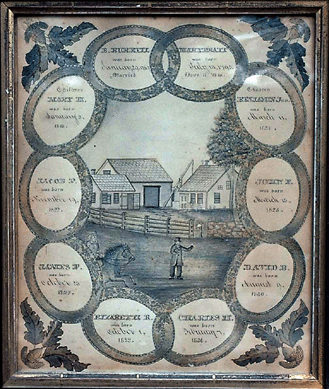 Burrell/Pratt Family Record, circa 1836, pencil, watercolor, silica and casein on paper, 14 7/8 by 12 3/8 inches. Courtesy of Arthur Kern.