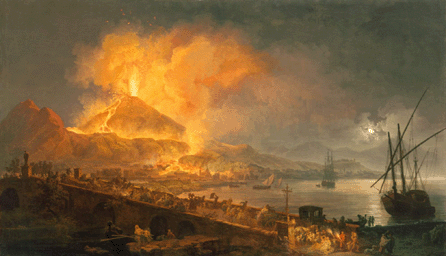 In the most famous painting of the devastating event, Italian Pierre-Jacques Volaire's "Eruption of Mt Vesuvius,†1777, the flaming eruption dominates the background as people flee across a bridge trying to escape the lava and ash. It measures 53 by 89 inches. North Carolina Museum of Art.