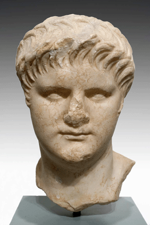 This marble "Portrait of Nero,†AD 64‶8, somehow conveys his cruel, vicious persona, despite a missing nose. Worcester Art Museum.