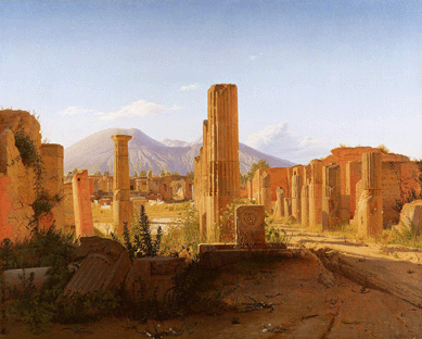 Danish painter Christen Kobke rendered precise evocations of Pompeii, including "The Forum at Pompeii with Vesuvius in the Background,†1841. It is a sunny, tranquil scene in which the distant volcano appears to pose no threat. The J. Paul Getty Museum.