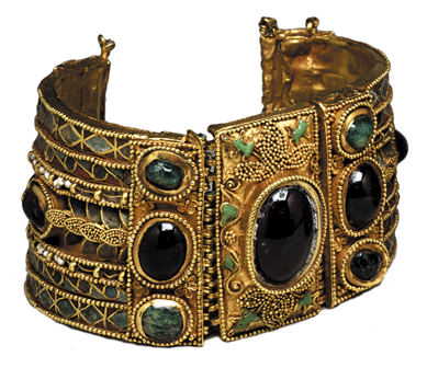 Bracelet from the Olbia Treasure, First Century BC; gold, garnets, amethysts, emeralds, pearls, glass, enamel and various stones; Walters Art Museum.