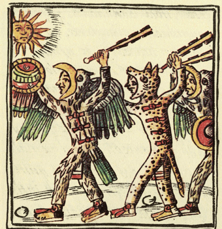 A drawing from the warrior section of the Florentine Codex of an eagle warrior, left, and a jaguar warrior depicts them with macuahuitl fitted with obsidian blades, with the sun in ascendancy. Each is adorned with feathers, which had special significance in the Aztec belief system.
