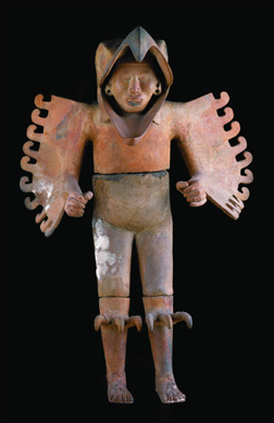 This life-size clay, stucco and painted figure of an eagle man stood at the entrance to the House of Eagles, next to the Templo Mayor. The eagle related to bravery and eagle warriors wore wings and headdresses from eagle feathers and the talons of a raptor.