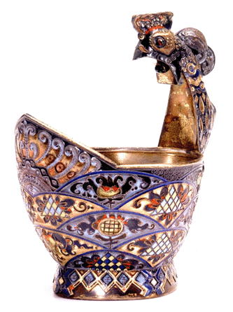 The top lot from the Herschede estate Russian enameled silver came as an unassuming enameled kovsh was offered. Cataloged as "bearing pseudo Faberge marks in Cyrillic,†the 10¼-inch-tall piece was estimated at $1/1,500; it sold at $553,000.