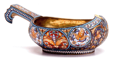 The first of the Joan Herschede estate lots of enameled Russian silver was this cloisonné and shaded enamel kovsh, cataloged as Twentieth Century and stamped "88 standard†and bearing the maker's mark "HA.†It carried a presale estimate of $2,5/3,500 and sold for $73,000.