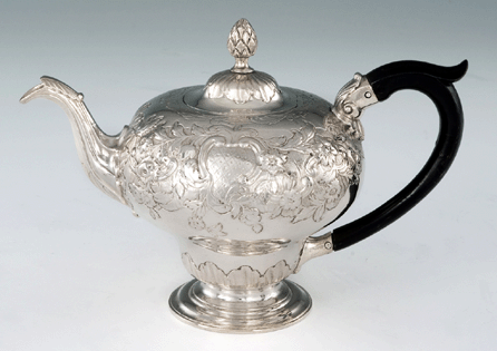 This circa 1765 teapot by Myer Myers (American, 1723‱795) stands about 6½ inches tall and was given to the Virginia Museum of Fine Arts by Rita Gans in 2006. Katherine Wetzel photo © 2008 Virginia Museum of Fine Arts.