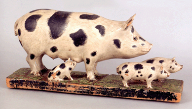 Another "favorite piece†of Ron Pook's was this carved and painted figure of a pig and her offspring, Asa Carpenter (American, late Nineteenth Century), inscribed "Jacknife Carving by Asa Carpenter.†It measures 9¼ inched high, 20 inches wide, and had a high presale estimate of $15,000. It opened at $14,000 with bidding all over the room, and ended at $44,460 with a lady in the middle of the gallery.
