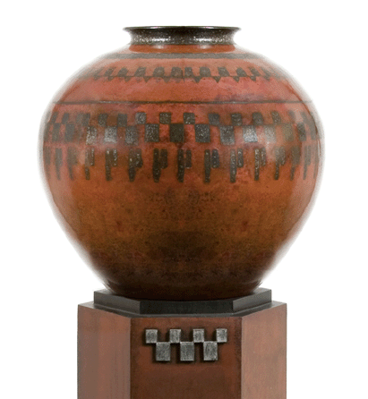 Jean Dunand (Swiss, 1877‱942), "Dinanderie†vase, circa 1925, property from the estate of Arlene Meyer Cohen, realized $80,500.