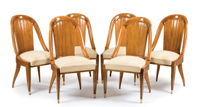 Emile-Jacques Ruhlmann (French, 1879‱933), six dining chairs, circa 1925, made $62,500.