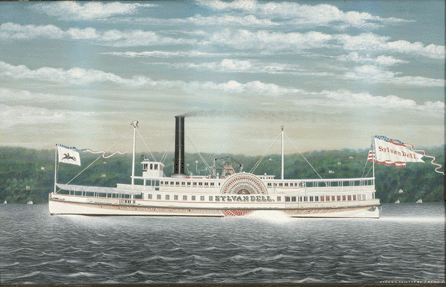 James Bard and his twin brother, John, were born into a modest laborer's family in Manhattan. The Bard brothers grew up near the steamboat piers on the Hudson River, where they watched the passing ships and together developed an interest in their depiction. "Steamboat Sylvan Dell,†circa 1872‱886, James Bard, gouache, watercolor, pastel, graphite and metallic pigment on paper laid on board, 24 3/8 by 39 inches.