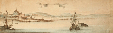 Among the earliest views of New York City is one of a group of early drawings and prints depicting the colonial city at the tip of Manhattan. Attributed to Laurens Block, "Novum Amsterodamum (New Amsterdam, New Netherlands),†1650, watercolor and brown and black ink over black chalk on ivory paper, laid on four other layered sheets; 51 3/16 by 19 1/16 inches. Gift of C.E. Detmold.
