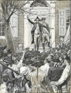 Born to Quaker parents, Howard Pyle became one of the most influential American illustrators. Pyle's creative abilities were encouraged by his mother, who exposed him to literature and influential British periodicals. At 16, he entered the Pennsylvania Academy of the Fine Arts in Philadelphia, studying for three years under Franz Van der Weilen. "Hamilton Addresses the Mob: Study for the Illustration in Harper's New Monthly Magazine,†Howard Pyle, 1884, watercolor, black ink and gouache on card, 13½ by 10 inches. Gift of George Zabriskie.