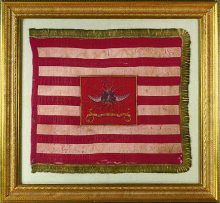 The color of the Second Continental Light Dragoons, also known as Sheldon's Horse, was captured July 2, 1779, by Lieutenant Colonel Banastre Tarleton at Pound Ridge, N.Y. It is the earliest known, surviving American flag of any kind with a field of 13 red and white stripes.