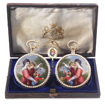 "The Royal Presentation Mirror-Image Pair†of gold and painted on enamel and pearl-set pocket watch, circa 1815, soared to a record $2,177,554.
