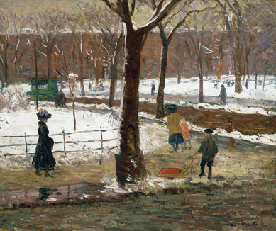 William Glackens (1870‱938), "Washington Square Winter,†1910, oil on canvas, 25 by 30 inches, New Britain Museum of American Art, Charles F. Smith Fund.