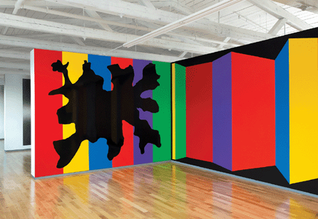 "Wall Drawing 90, color bands and black blob.†The wall is divided vertically into six equal bands †red, yellow, blue, orange, purple, green. In the center is a black glossy blob. May 1999, acrylic paint. "Wall Drawing 1081, planes of color,†March 2003, acrylic paint. Courtesy of the estate of Sol LeWitt.