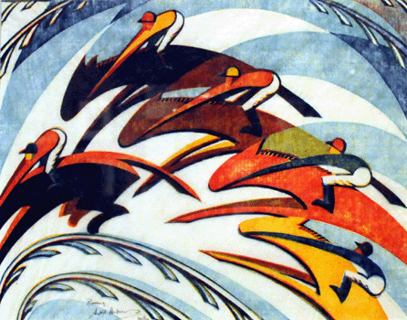 "Racing,†a linocut from 1934 by Sybil Andrews at Osborn Samuel, London.