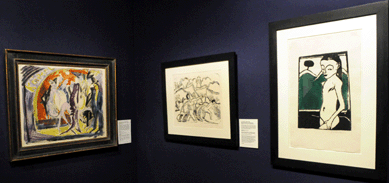 German Expressionists lithographs by Ernst Ludwig Kirchner and Erich Heckel were featured at Theobald Jennings, London. From left, Kirchner's "Promenade vor dem Café†was price on request, "Badende mit Dunen und Leuchtturm†by Kirchner was $45,000, and Erich Heckel's "Stehendes Kind: Franzi stehend†was price on request.