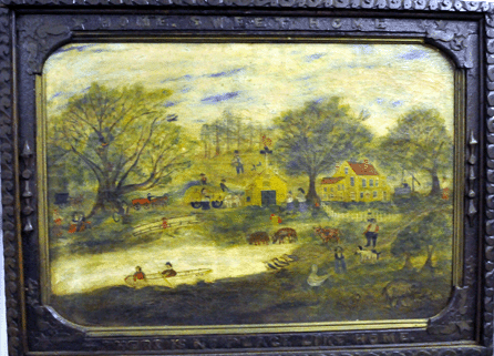 "One of Paul's prizes†was a folky farm scene painting that the picker had found in a local home. The painting retained the original relief carved frame decorated with the motto "Home Sweet Home†carved across the top of the frame and "There Is No Place Like Home†across the bottom. A lively painting in a naïve style, it depicted farm hands at a variety of laborious chores, as well as leisurely activities. A lady seated in the room battled with several of the dealers in the crowd before claiming the lot at $16,675.