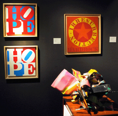Oils by Robert Indiana and sculpture by John Chamberlain were at Mark Borghi Fine Art, New York City.