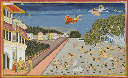 "Jallandharnath and Princess Padmini Fly over King Padam's Palace,†folio 19 from the Suraj Prakash Amardas Bhatti,  1830, opaque watercolor and gold on paper. Mehrangarh Museum Trust