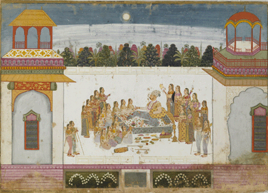 "Maharaja Bakhat Singh and Zenana Women Savor the Moonlight Evening,†attributed here to "Artist 3,†Nagaur, circa 1748‵0, opaque watercolor and gold on paper. Mehrangarh Museum Trust