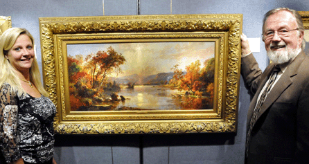 Sandra Germain and Gene Shannon with Jasper Cropsey's "Homestead on Greenwood Lake.†An iconic painting by the artist, it sold at $396,000.
