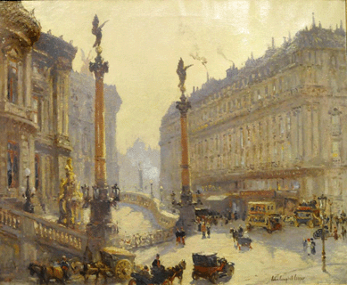 A rare subject matter for Impressionist Collin Campbell Cooper, "Place de L'Opera, Paris,†circa 1895, sold for $120,000.