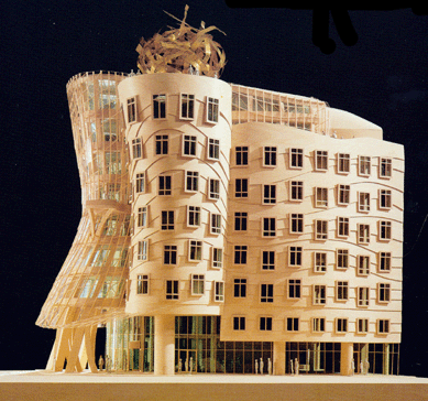 A 1993 final design model of the Nationale-Nederlanden Building in Prague that Gehry designed with Croatian-born Czech architect Vlado Milunic illustrates a free flowing curving surface that appears to fit over a rectilinear structure beneath. The building, also known as "Fred and Ginger†or the "Dancing House,†evokes the sentinels of the Lewis House. The cylindrical tower was constructed of 99 concrete panels, each of different shape and dimension. 
