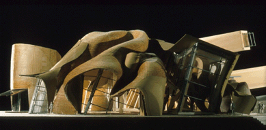 The final quarter-inch-scale model of the Lewis House was constructed of milled paper, basswood, acrylic and museum board. It is on loan from Gehry Partners, LLC.