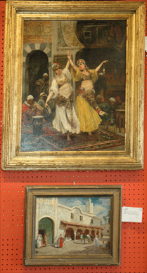 This Fabio Fabbi (Italian, 1861‱946) Orientalist harem dancer scene, top, was bought by a north African gallery for $70,500. Below, Addison Thomas Millar's (American, 1860‱913) "At the Door of the Mosque†realized $11,162. 