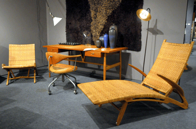 The Hans Wegner suite of furnishings was offered by Stockholm, Sweden, dealer Jacksons Design. The "Dolphin†lounge chair, right, priced at $125,000, was one of four made.  