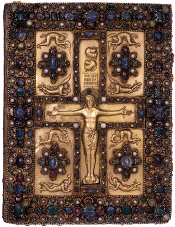 Jeweled upper cover of the Lindau Gospels, circa 880, Court School of the Charles the Bald, on Lindau Gospels, in Latin, Switzerland, Abbey of St Gall, purchased by Pierpont Morgan, 1901, The Morgan Library & Museum.
