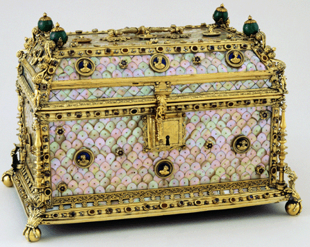 Frenchman Pierre Mangot's casket, 1532″3, "is one of the most important works of art that belonged to Hearst,†according to curator Mary L. Levkoff. The sumptuous mother-of-pearl box framed in vermeil and topped by four emeralds once belonged to King Francis I. Musee du Louvre, Paris.