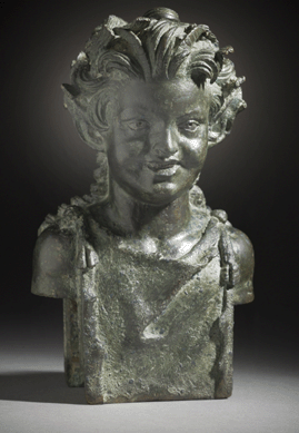 This lively bronze, double-headed sculpture of a young Pan on one side and his female counterpart on the other, "Janiform Herm with Paniskos and Paniske,†First Century BC⁆irst Century AD, was once mounted on a herm or rectangular shaft that was excavated from around Pompeii. Created by Roman craftsmen, it was owned by Hearst from 1933 to 1951, when he gave it to the Los Angeles County Museum of Art. 