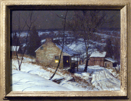 George Sotter, "Bucks County Winter, Farmhouse at Night,†oil on board, 16 by 20 inches, $160,000. Newman Galleries, Philadelphia.