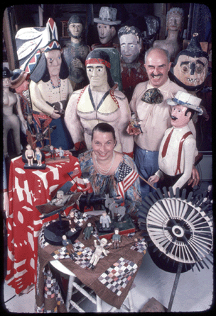 Dorothea and Leo Rabkin among some of their "just plain people,†a 1,200-piece collection of whirligigs, wind toys, dancing toys, mannequins, dolls, ventriloquists' dummies, carnival figures and weathervanes in a photo from 1978. Courtesy Sidney Mishkin Gallery/Baruch College, New York City.