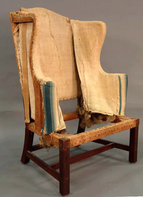 A Chippendale mahogany upholstered wing chair, made around 1780 in Newport, R.I., achieved $51,750.